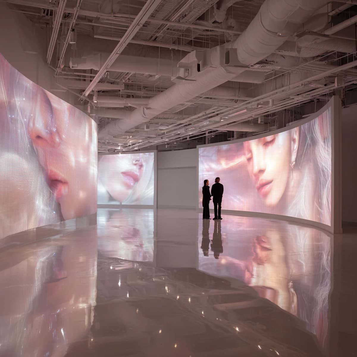 Large immersive projection stage with people standing in front of luminous screens